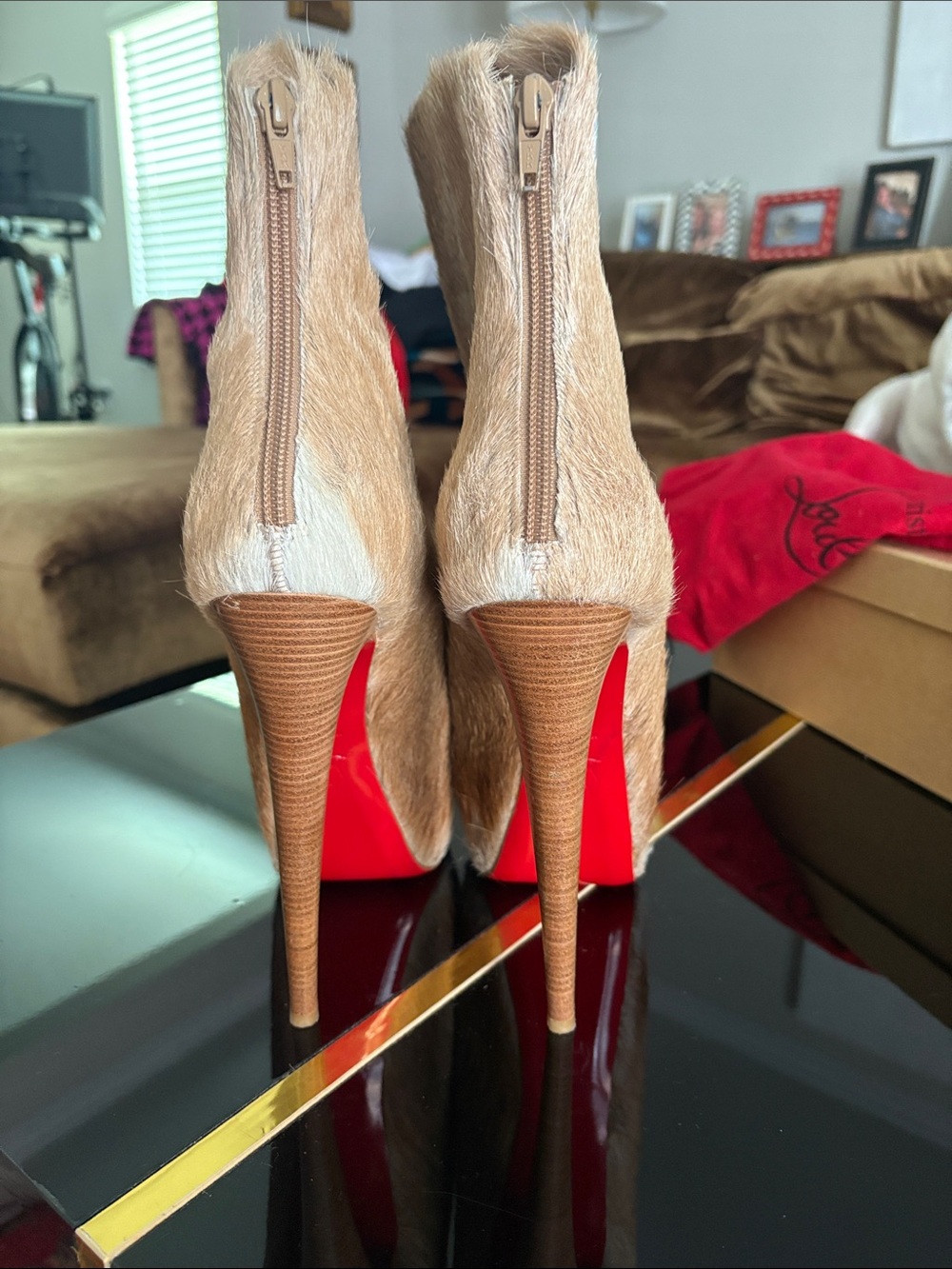 Christian Louboutin Brown and White Goat Fur-Heel Ankle Boots - Picture 5 of 7